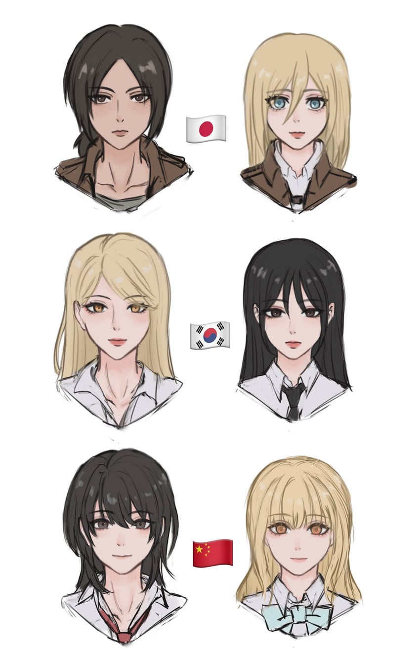 krista lenz, ymir, sun jing, qiu tong, sung sumin, and 1 more (shingeki no kyojin and 2 more) drawn by a_ai_ri