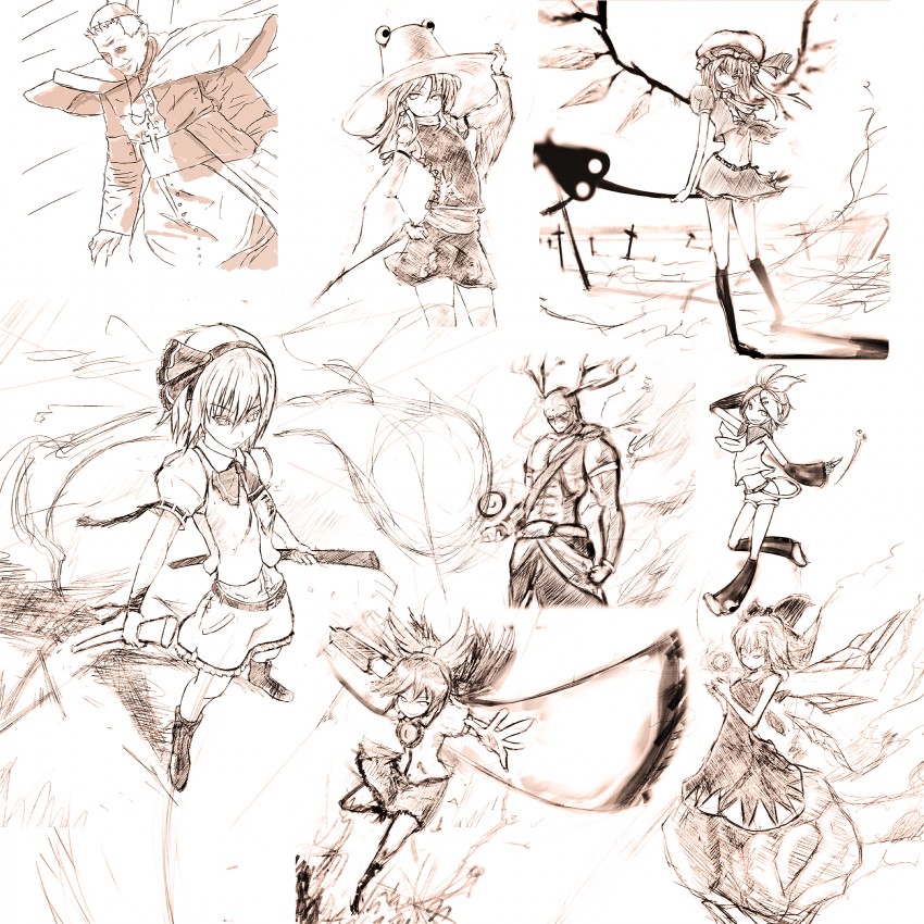 flandre scarlet, konpaku youmu, cirno, kagamine rin, moriya suwako, and 3 more (touhou and 2 more) drawn by kasoku_sato