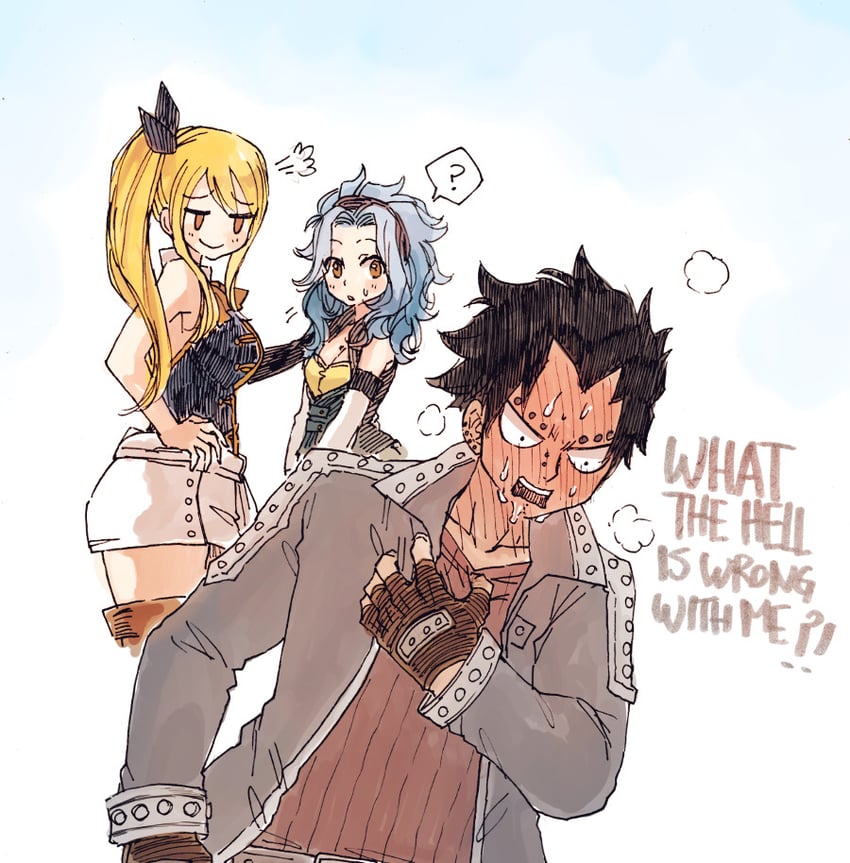 lucy heartfilia, levy mcgarden, and gajeel redfox (fairy tail) drawn by rusky