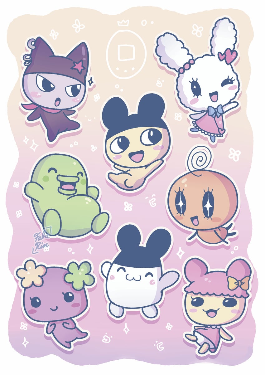 mametchi, kuchipatchi, mimitchi, memetchi, flowertchi, and 3 more (tamagotchi and 2 more) drawn by faburin