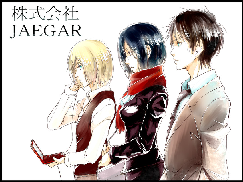 mikasa ackerman, eren yeager, and armin arlert (shingeki no kyojin) drawn by risaayu