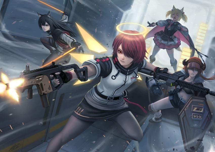 texas, exusiai, sora, and croissant (arknights) drawn by okita