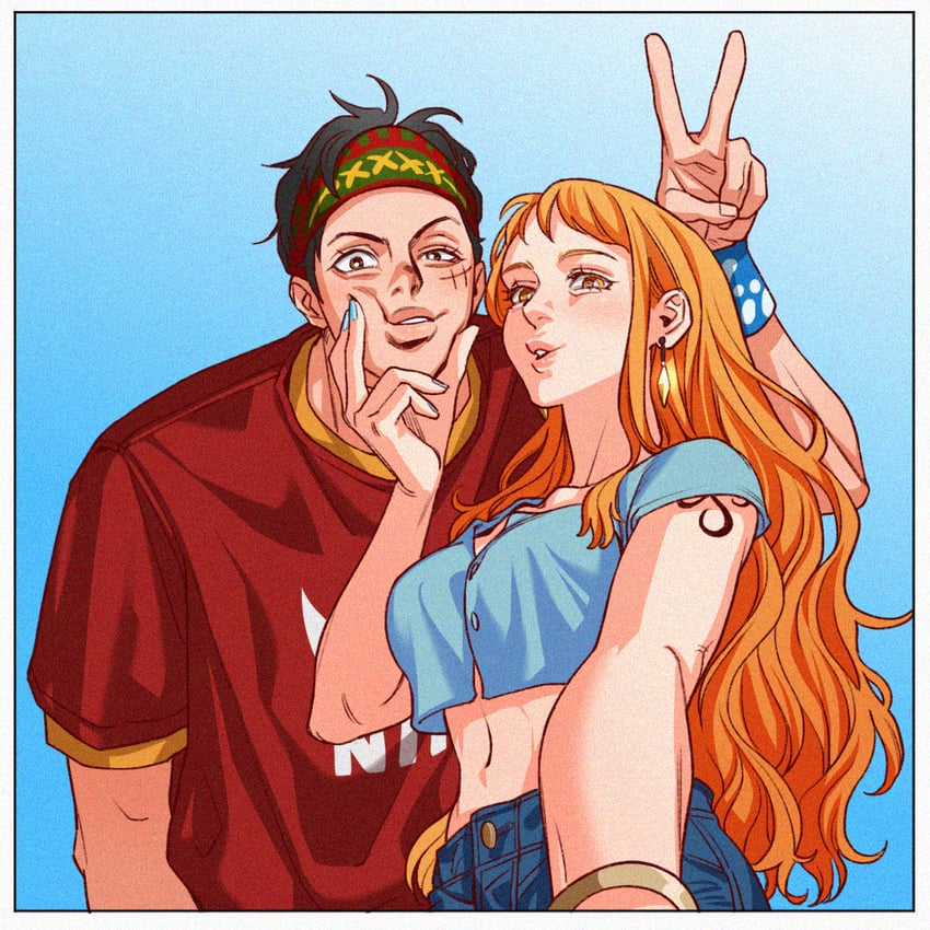 nami and monkey d. luffy (one piece) drawn by mush820823