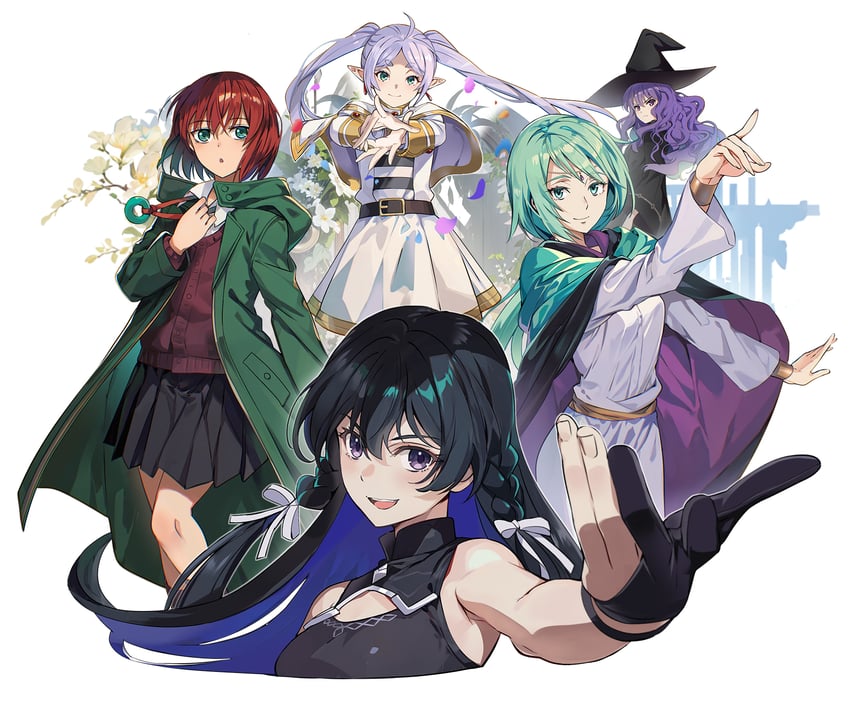 frieren, hatori chise, tanezaki atsumi, tinasha, mjurran, and 1 more (sousou no frieren and 4 more) drawn by nyoro_(nyoronyoro000)