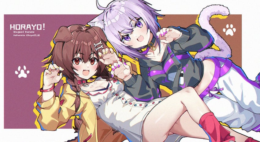 nekomata okayu and inugami korone (hololive) drawn by wulazula