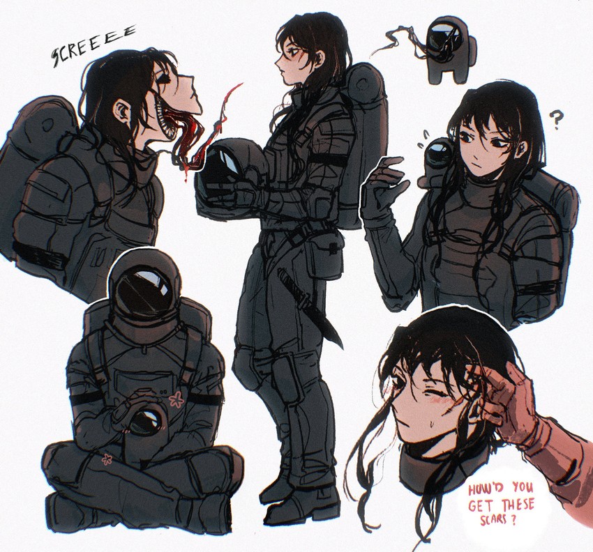 crewmate, red, impostor, black, and mini crewmate (among us) drawn by oastlv