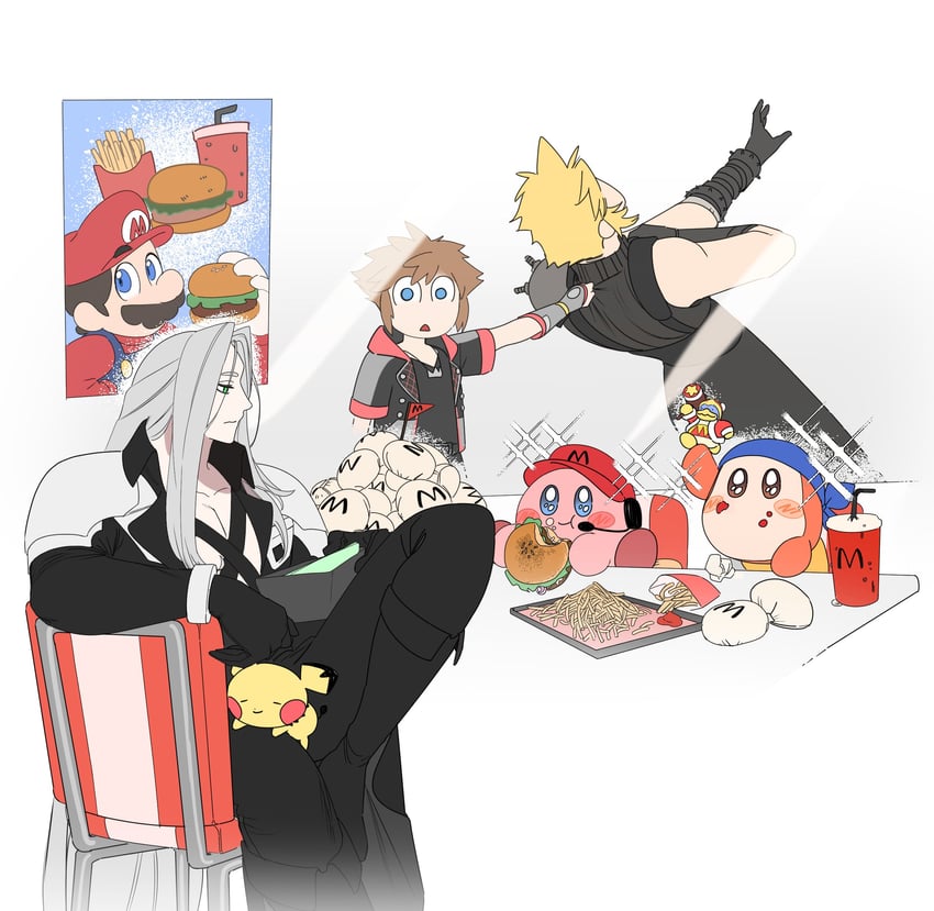 cloud strife, kirby, mario, sephiroth, sora, and 4 more (pokemon and 8 more) drawn by ddb_000