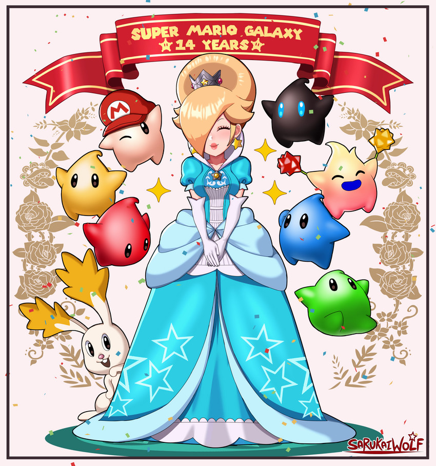 rosalina, luma, blue luma, baby luma, red luma, and 4 more (mario and 1 more) drawn by sarukaiwolf