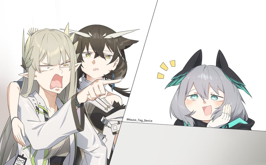 ho'olheyak, muelsyse, and silence (arknights) drawn by house_tag_denim