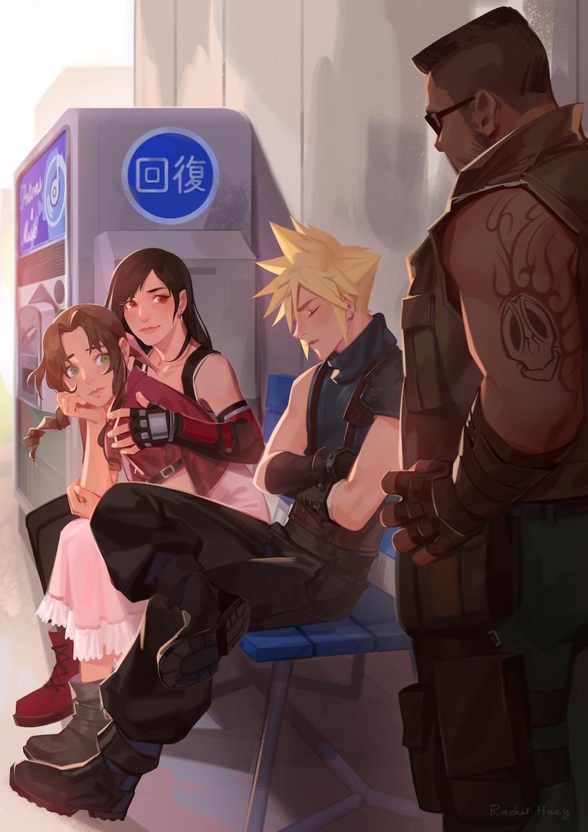 tifa lockhart, cloud strife, aerith gainsborough, and barret wallace (final fantasy and 2 more) drawn by rachel_huey