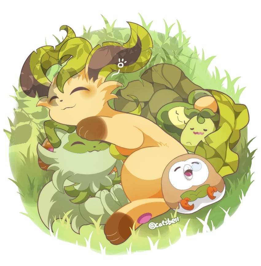 rowlet, sprigatito, leafeon, budew, and smoliv (pokemon) drawn by catsbell