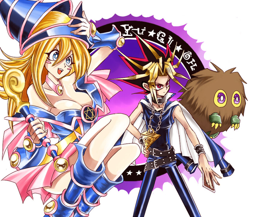 dark magician girl, yami yugi, and kuriboh (yu-gi-oh! and 1 more) drawn by yamada_mitsuru