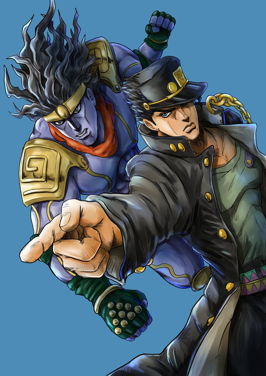 kujo jotaro and star platinum (jojo no kimyou na bouken and 1 more) drawn by kaib0y