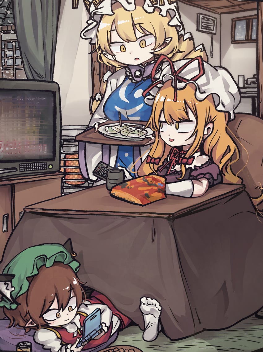 yakumo yukari, yakumo ran, and chen (touhou) drawn by piaki