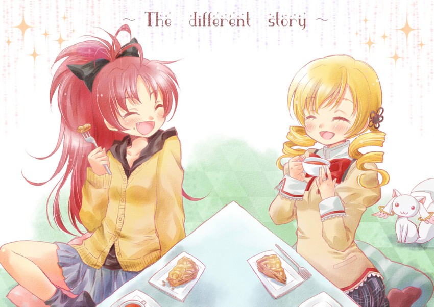 sakura kyoko, tomoe mami, and kyubey (mahou shoujo madoka magica) drawn by sakumi_(uruneko)