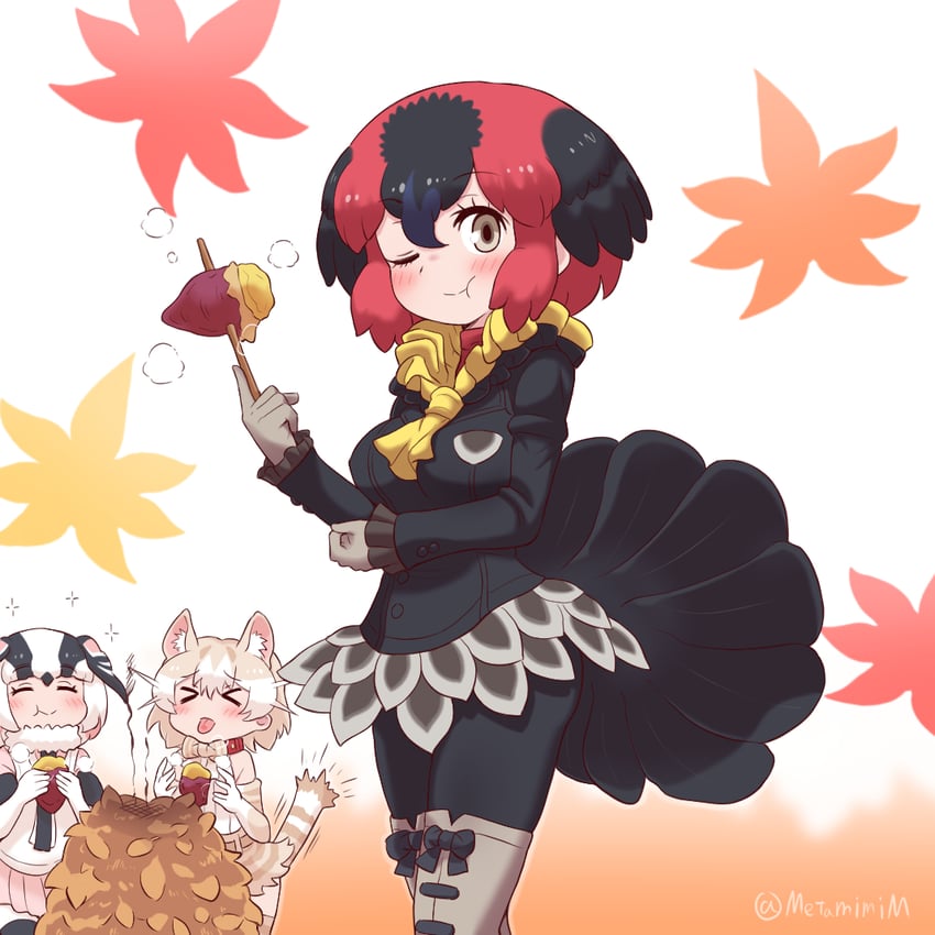 cat, long-tailed tit, and australian brushturkey (kemono friends) drawn by metamimi