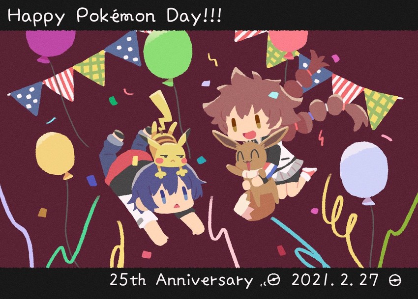 pikachu, eevee, gotcha! girl, and gotcha! boy (pokemon and 1 more) drawn by ritomochi