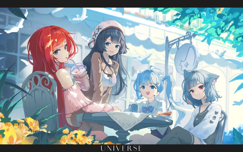 akane lize, shirayuki hina, neneko mashiro, and arahashi tabi (stellive) drawn by thumbsup_stella