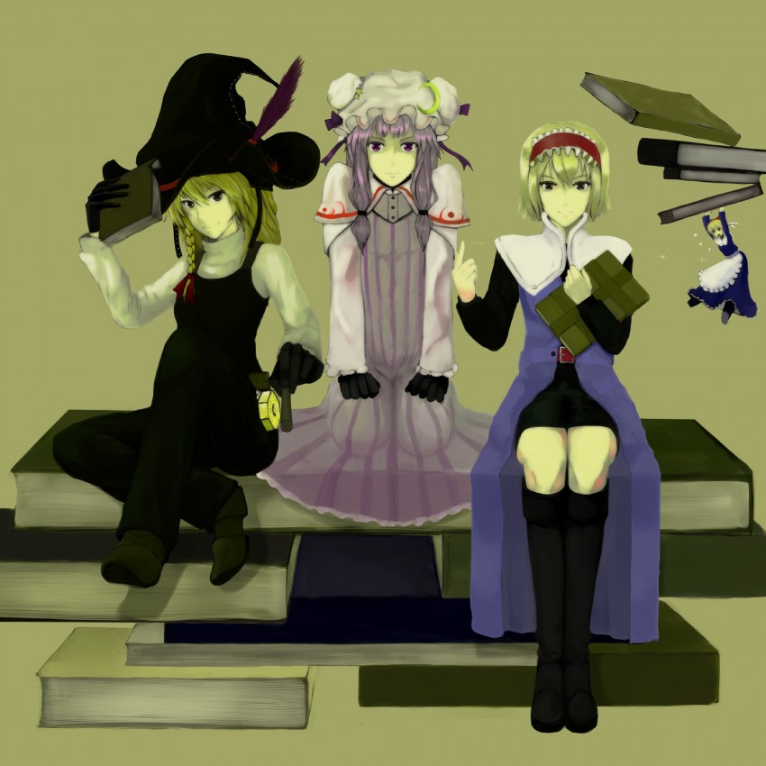 kirisame marisa, alice margatroid, patchouli knowledge, and shanghai doll (touhou) drawn by moganni