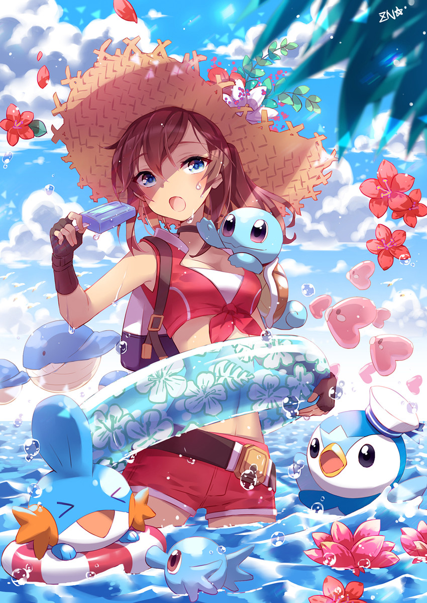 piplup, squirtle, mudkip, wingull, female protagonist, and 3 more (pokemon and 1 more) drawn by zenyu