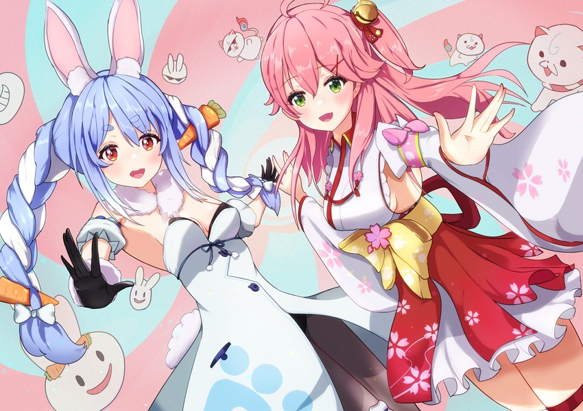 usada pekora, sakura miko, don-chan, pekomon, and 35p (hololive) drawn by ushi_miruki