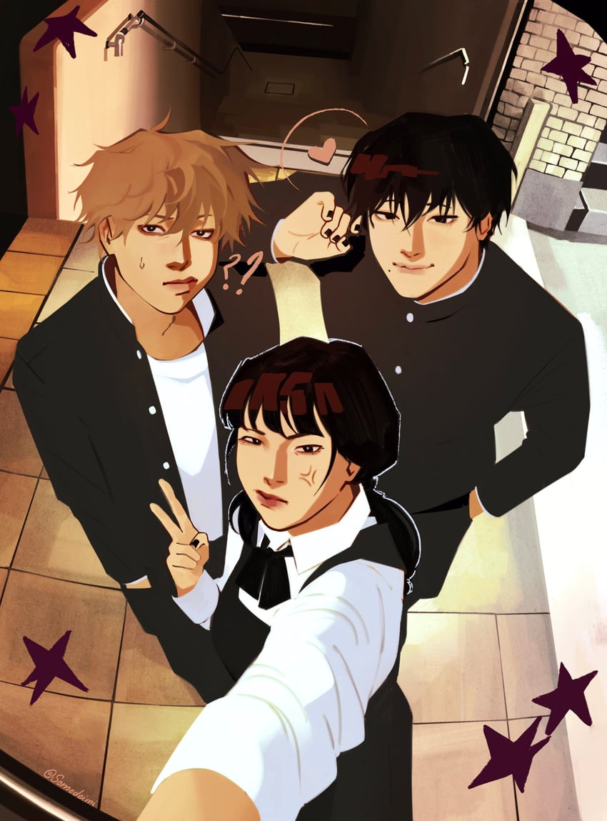 denji, mitaka asa, and yoshida hirofumi (chainsaw man) drawn by somedeimi