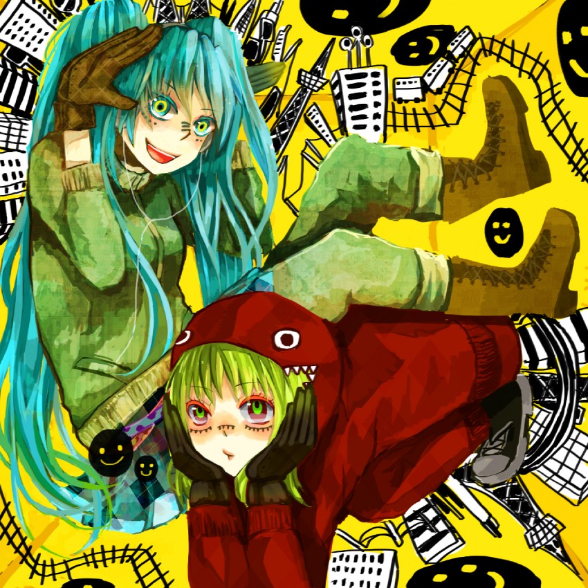 hatsune miku and gumi (vocaloid and 1 more) drawn by miyake_achi