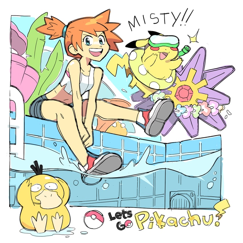 pikachu, misty, psyduck, and starmie (pokemon and 1 more) drawn by noodlemage