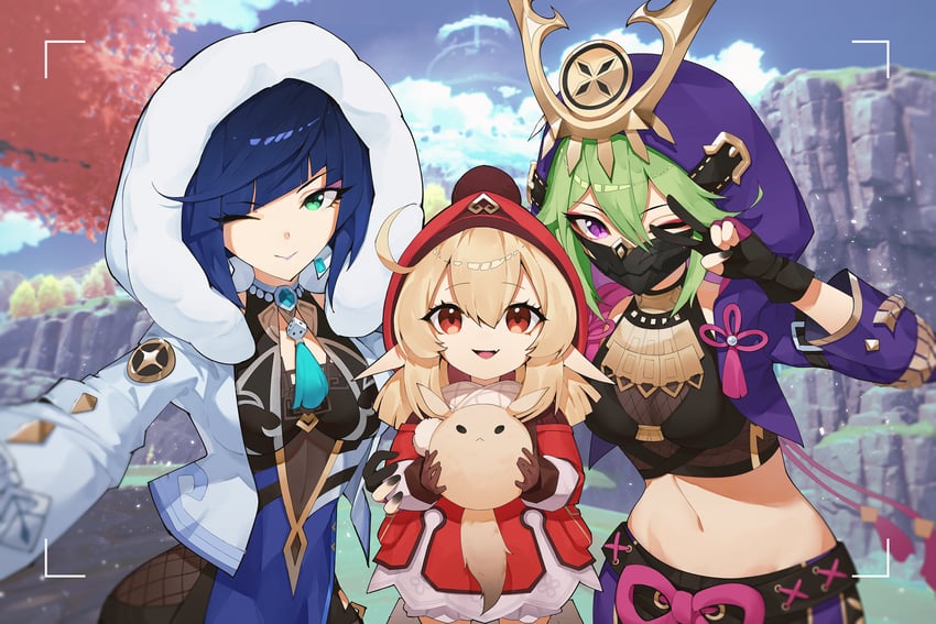 klee, yelan, dodoco, and kuki shinobu (genshin impact) drawn by juffles