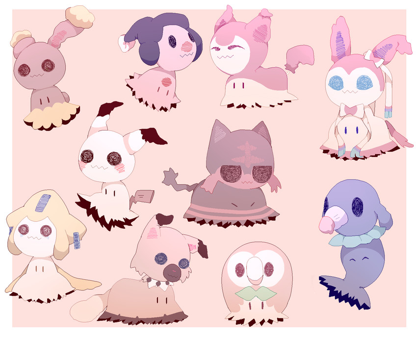 rowlet, sylveon, mimikyu, jirachi, popplio, and 5 more (pokemon) drawn by skaroyandhuggy