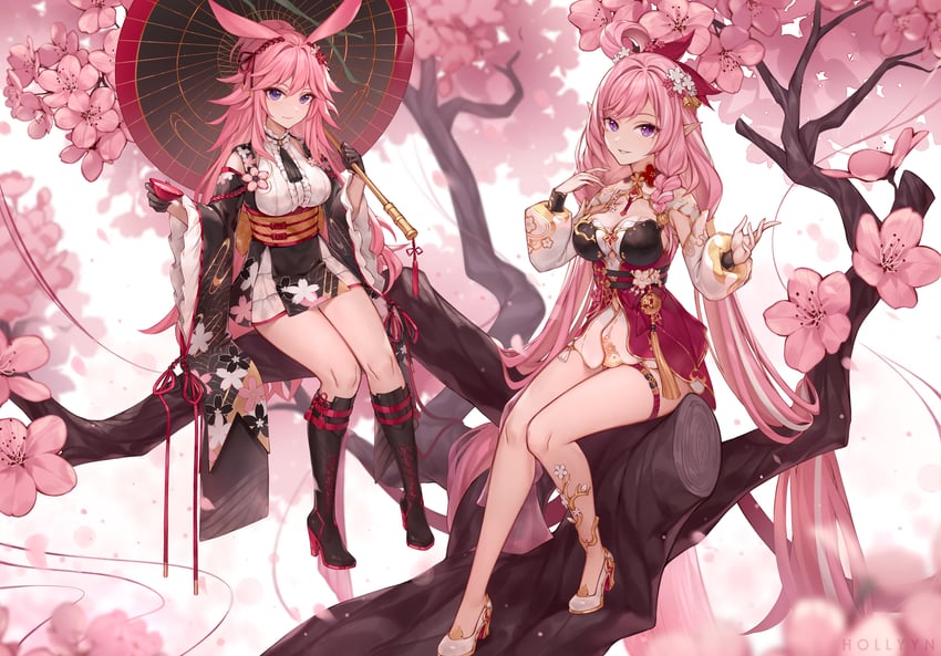 elysia and yae sakura (honkai and 1 more) drawn by hollyyn