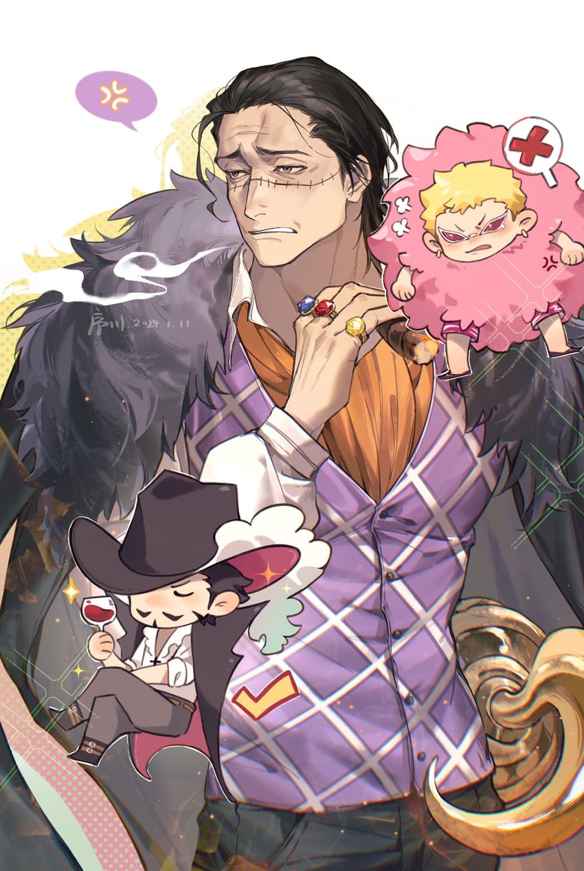 donquixote doflamingo, crocodile, and dracule mihawk (one piece) drawn by xuchuan