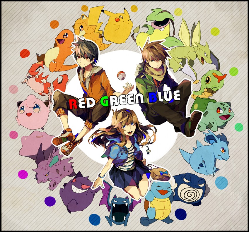 pikachu, red, blue oak, gengar, bulbasaur, and 15 more (pokemon and 1 more) drawn by yuuichi_(bobobo)