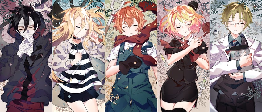 rachel gardner, isaac foster, danny, cathy, and eddie (satsuriku no tenshi) drawn by miltea