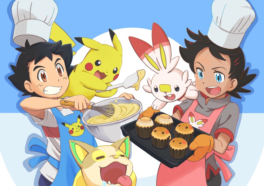 pikachu, ash ketchum, scorbunny, goh, and yamper (pokemon and 1 more) drawn by yasuda_shuuhei