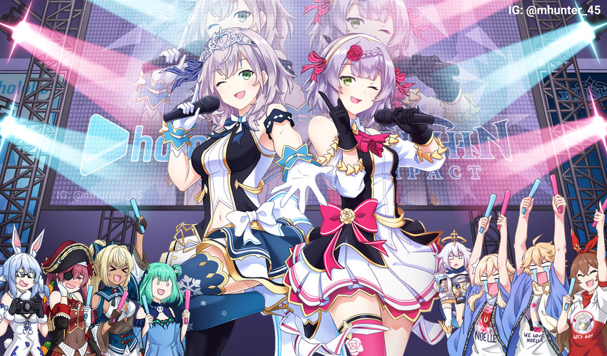 lumine, houshou marine, aether, usada pekora, paimon, and 6 more (hololive and 1 more) drawn by mhunter_45