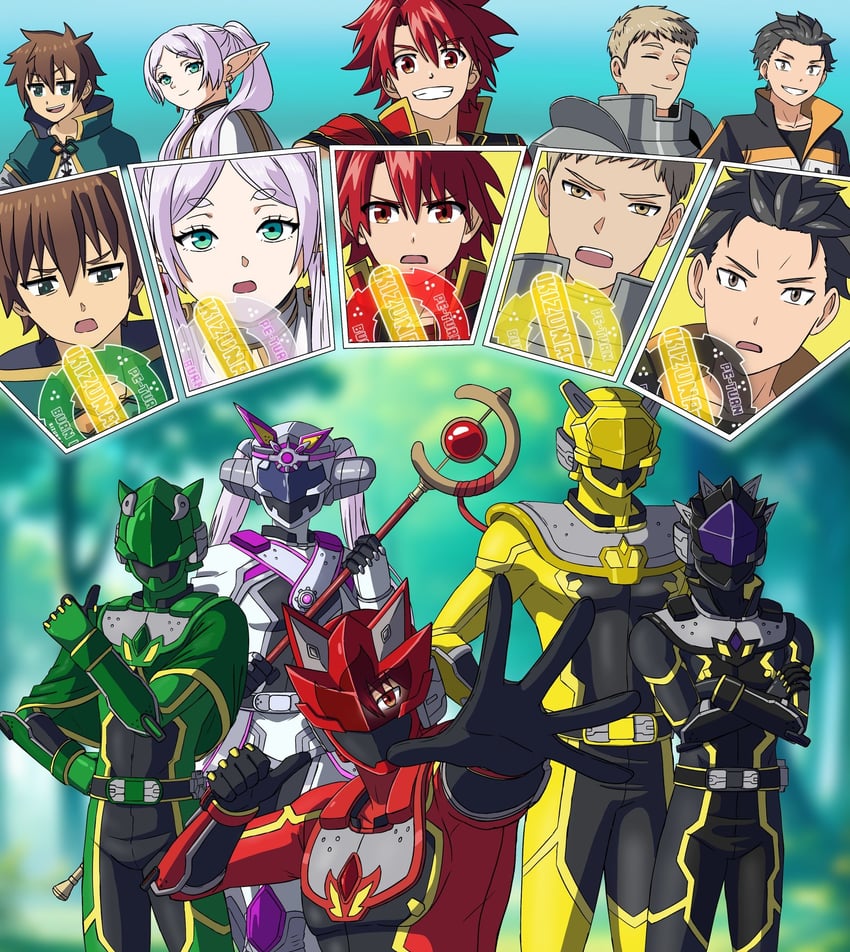 frieren, laios touden, satou kazuma, natsuki subaru, asagaki togo, and 1 more (kono subarashii sekai ni shukufuku wo! and 4 more) drawn by turles17