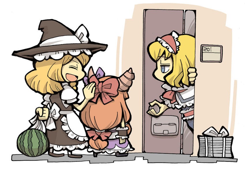 kirisame marisa, alice margatroid, and ibuki suika (touhou) drawn by hounori