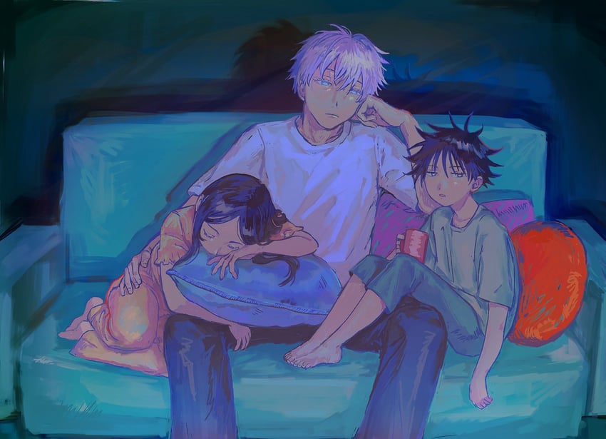 gojou satoru, fushiguro megumi, and fushiguro tsumiki (jujutsu kaisen) drawn by kinuc