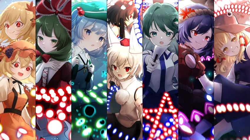 kochiya sanae, shameimaru aya, inubashiri momiji, moriya suwako, kawashiro nitori, and 4 more (touhou and 1 more) drawn by rokuya_(68_zusao)