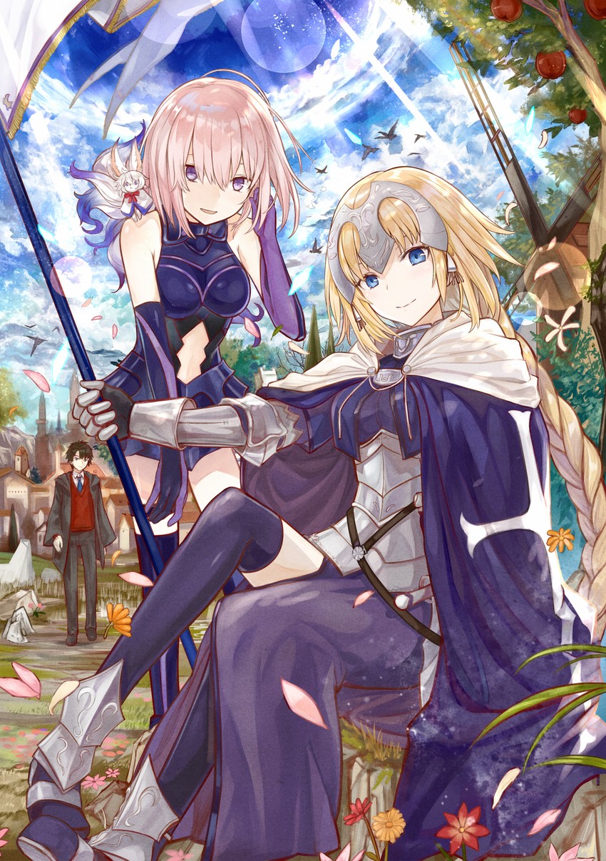 mash kyrielight, fujimaru ritsuka, jeanne d'arc, and fou (fate and 2 more) drawn by kazabana_fuuka