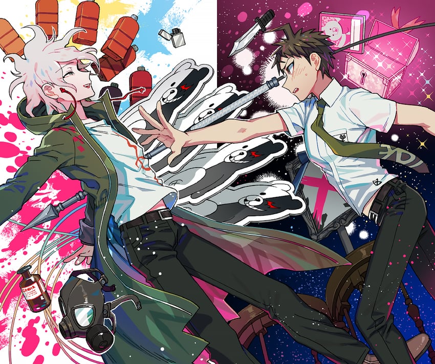komaeda nagito, hinata hajime, and monokuma (danganronpa and 1 more) drawn by uurin