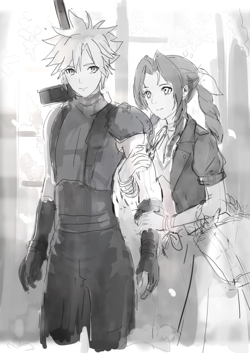 cloud strife and aerith gainsborough (final fantasy and 2 more) drawn by ooi_choon_liang