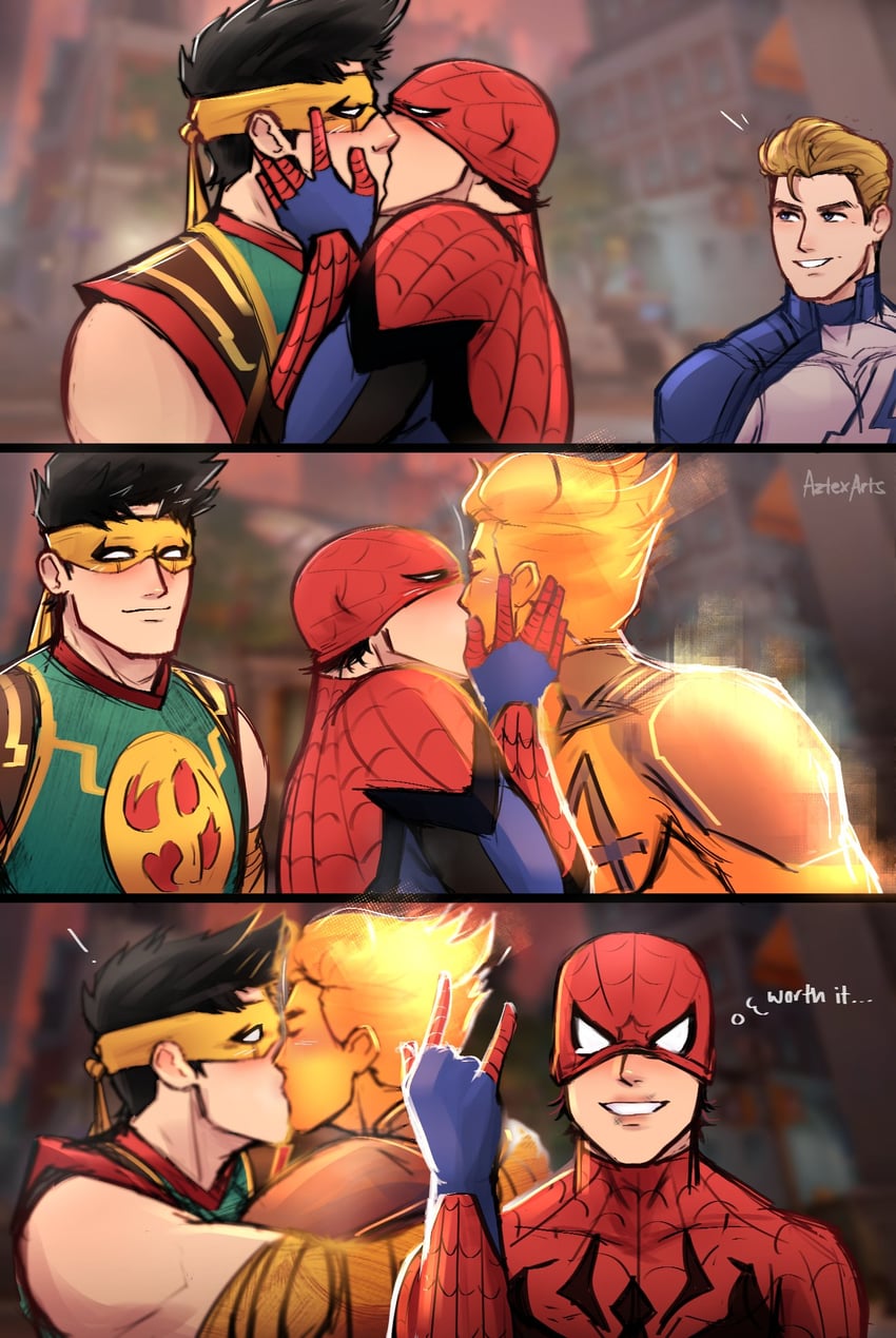spider-man, peter parker, iron fist, lin lie, johnny storm, and 1 more (marvel and 3 more) drawn by aztexarts