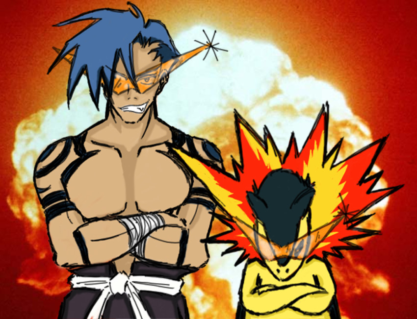 kamina and typhlosion (pokemon and 1 more) drawn by quicksolver