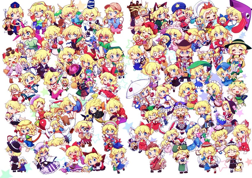 hakurei reimu, kirisame marisa, remilia scarlet, flandre scarlet, izayoi sakuya, and 130 more (touhou and 1 more) drawn by kanisawa_yuuki