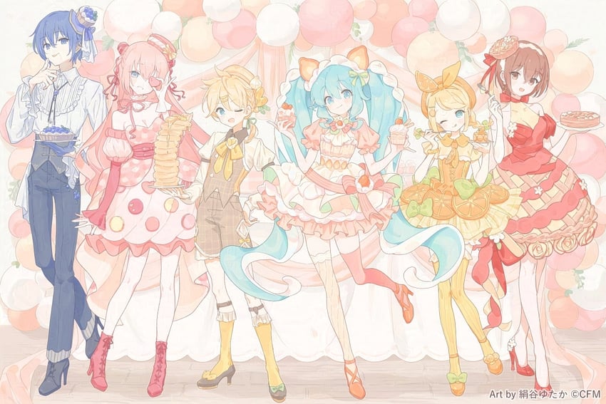 hatsune miku, kagamine rin, kagamine len, megurine luka, kaito, and 1 more (vocaloid) drawn by kinutani_yutaka