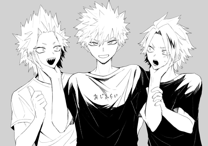 bakugou katsuki, kirishima eijiro, and kaminari denki (boku no hero academia) drawn by neminemisho