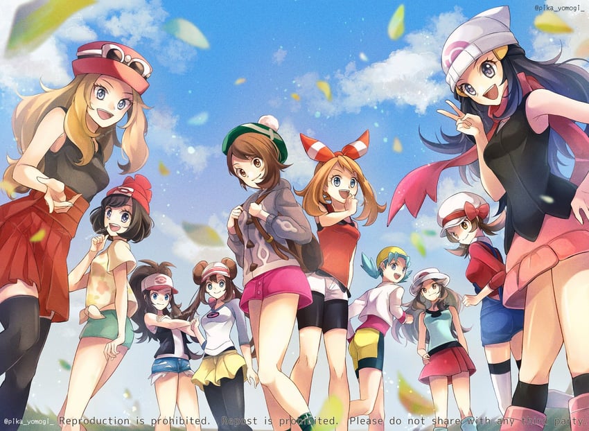 dawn, may, rosa, hilda, gloria, and 5 more (pokemon and 9 more) drawn by yomogi_(black-elf)