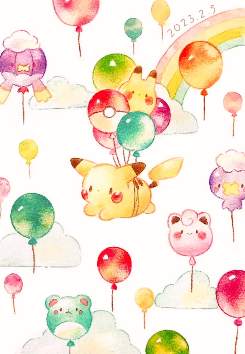 pikachu, drifloon, clefairy, marill, drifblim, and 1 more (pokemon) drawn by yukichi_0611
